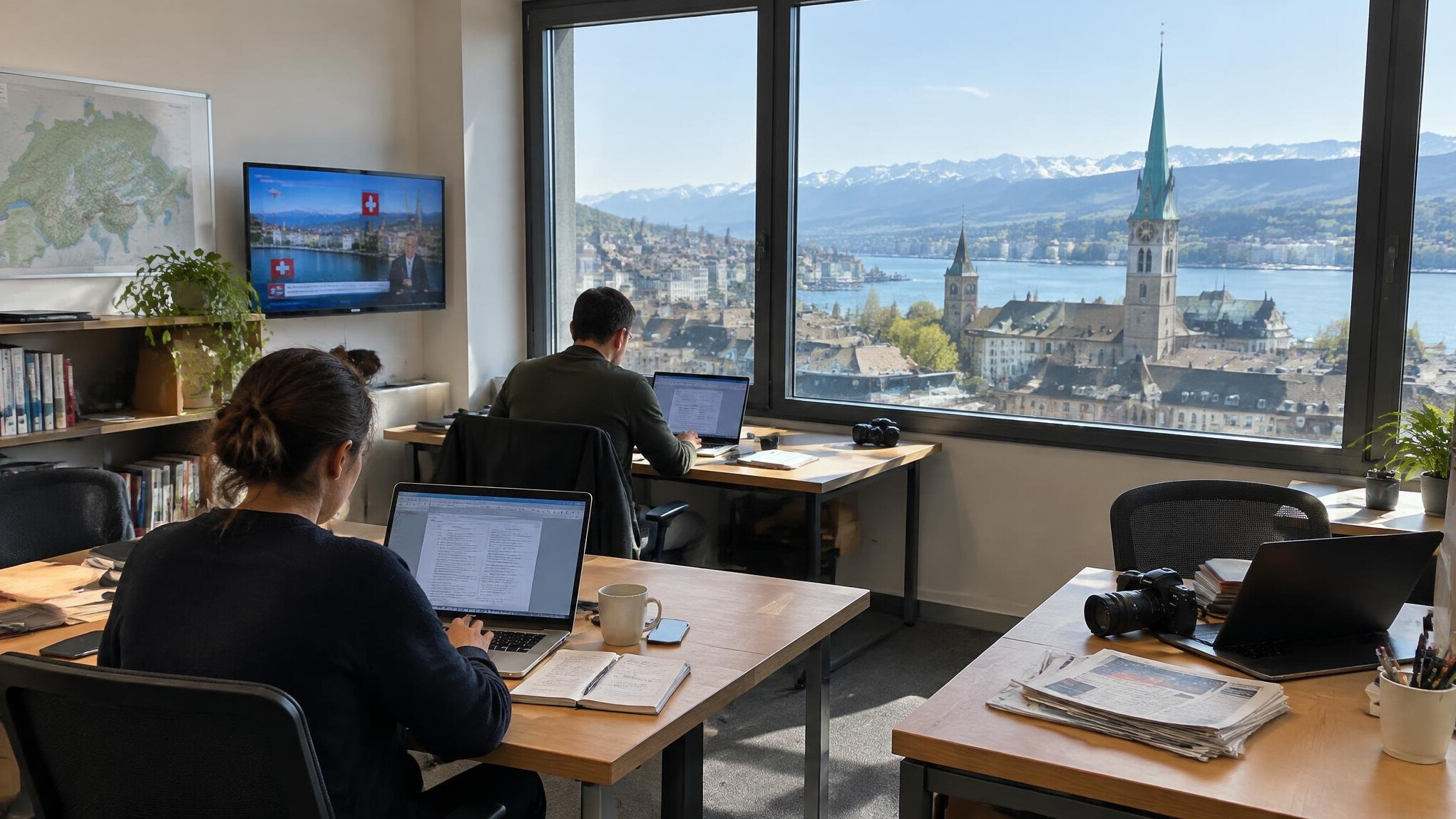 Small newsroom office with desks and a window overlooking the city
