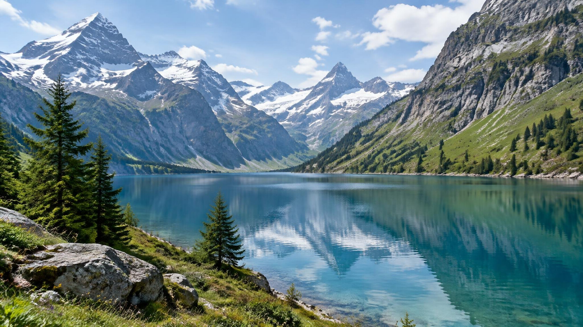 Pristine Swiss alpine lake surrounded by mountains
