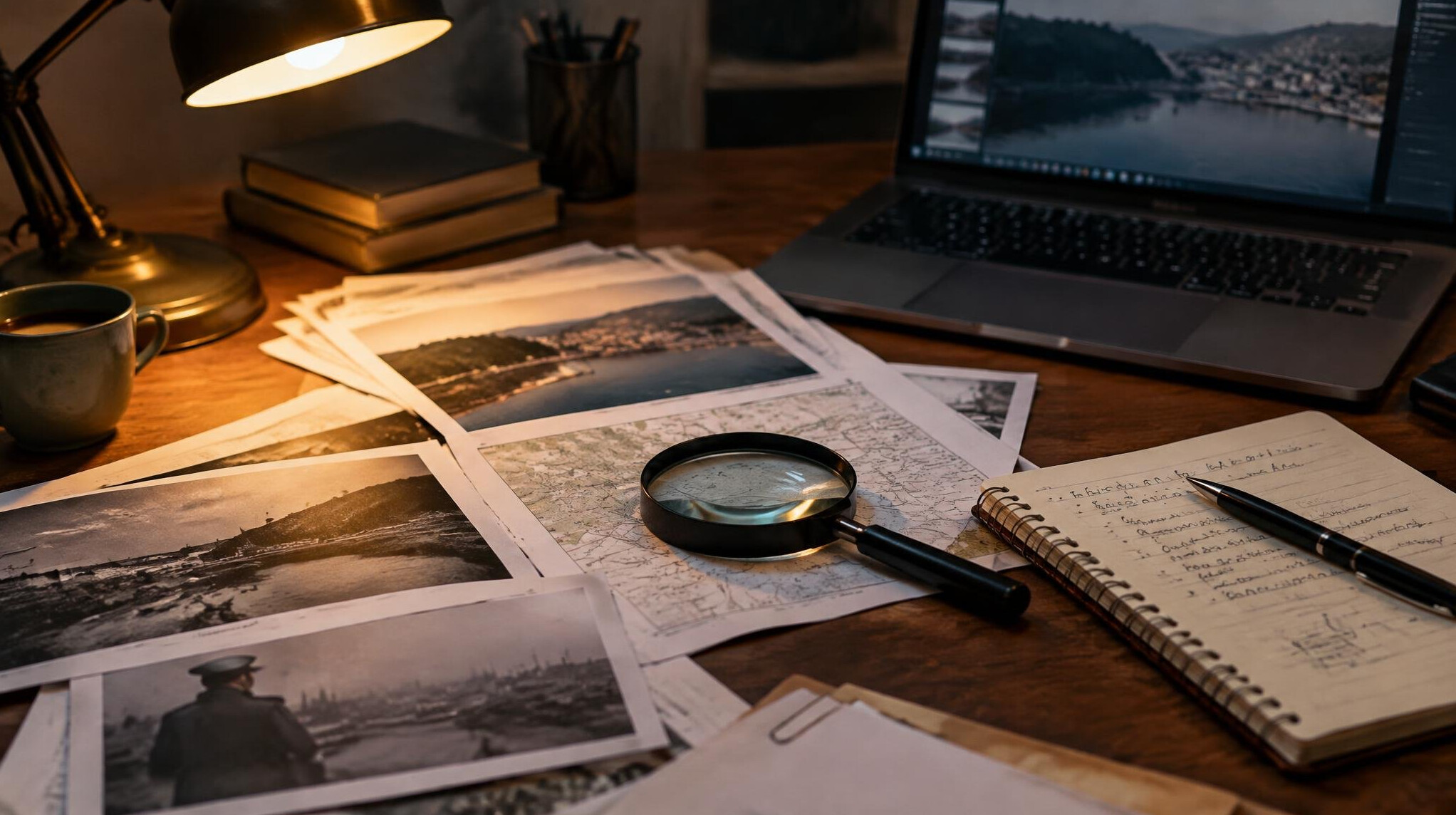Desk covered with documents, a laptop and a magnifying glass for investigation