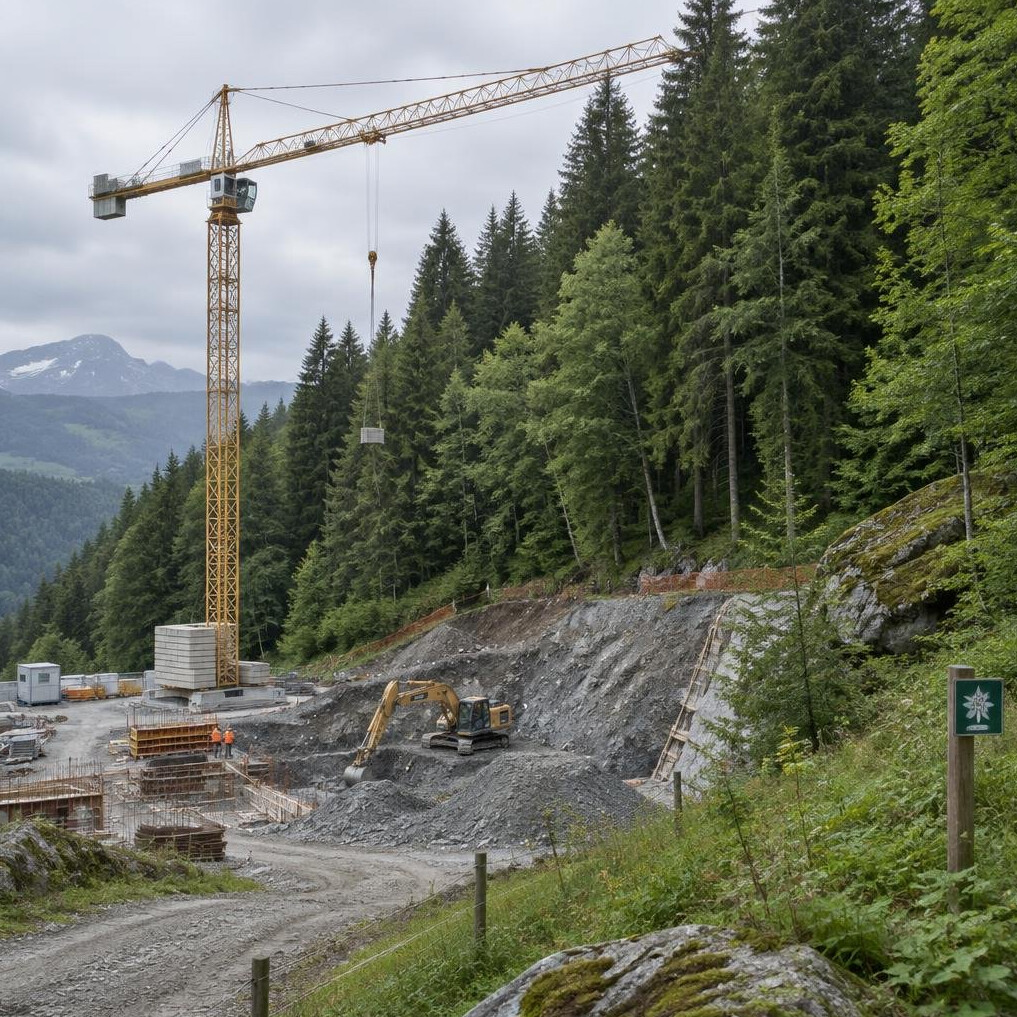 Construction crane working near a forest edge in a protected area