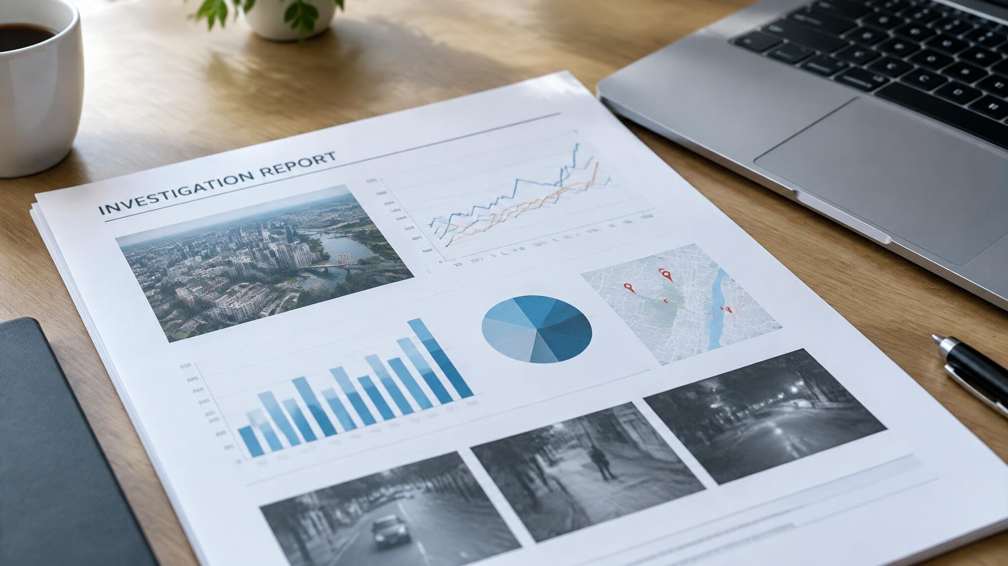 Printed investigation report with charts and graphs on a desk